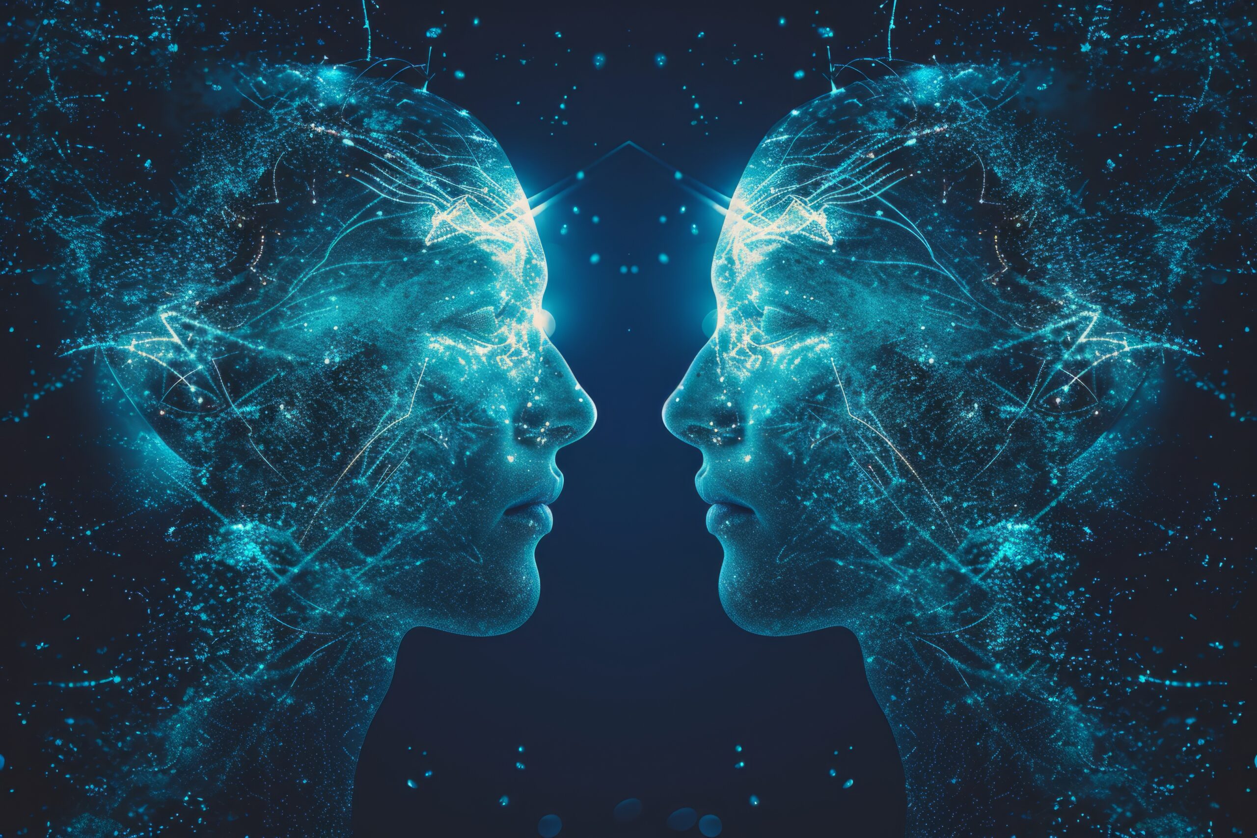 Innovative Technology Enabling Communication Through Mindreading And Mental Connections: Perfectly Symmetrical Photo With Centered Composition And Copy Space. Telepatikus kommunikáció