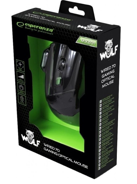 Esperanza Wolf Gaming Ποντίκι Ενσύρματο Μαύρο / Πράσινο 7 Keys 2400dpi EGM201G