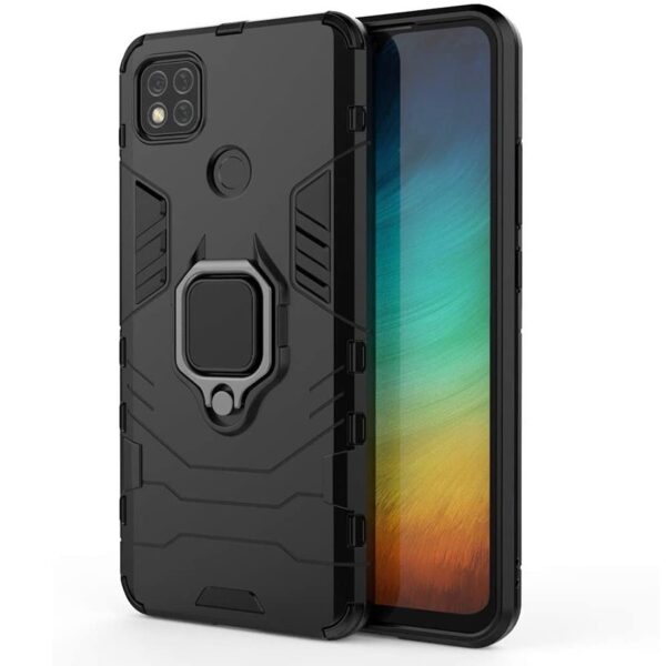 Σκληρή Θήκη Xiaomi Redmi 9C / Redmi 10A Μαύρη Με Σταντ Shockproof PC + TPU Protective Case with Magnetic Ring Holder Black