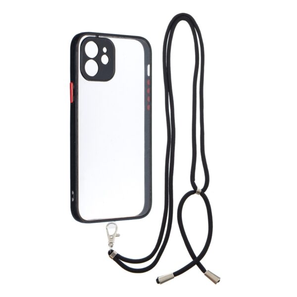 Θήκη iPhone 12 Μαύρη με Λουράκι Transparent PC+TPU Phone Case with Contrast Color Button & Neck Lanyard Black