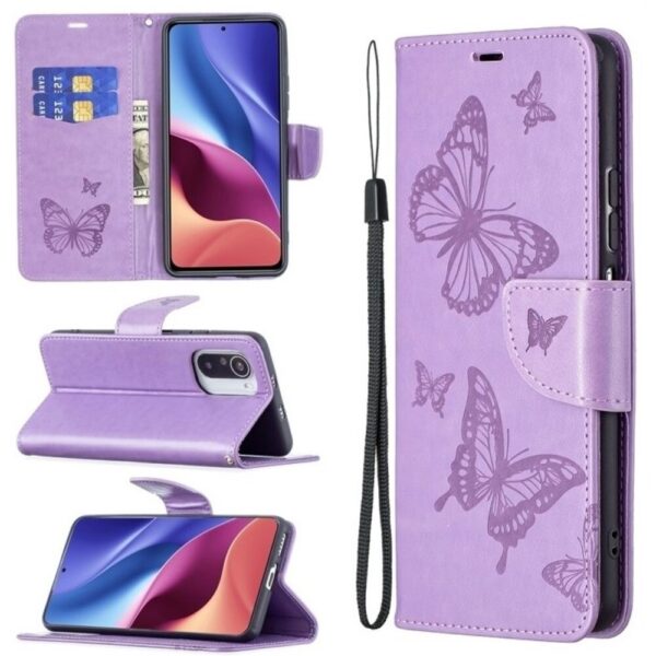 Tel1 Xiaomi Mi 11i / Poco F3 Butterflies Embossing Pattern Θήκη Βιβλίο - Purple
