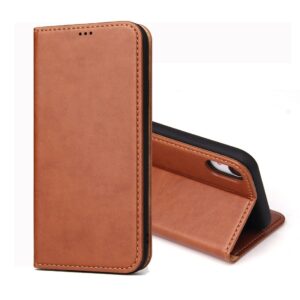 iPhone XR Θήκη Βιβλίο Καφέ Dermis Texture PU Horizontal Flip Leather Case Brown
