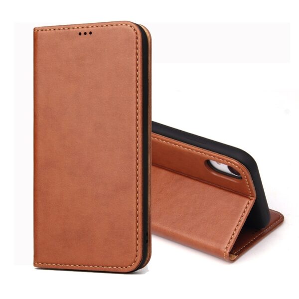 iPhone XR Θήκη Βιβλίο Καφέ Dermis Texture PU Horizontal Flip Leather Case Brown