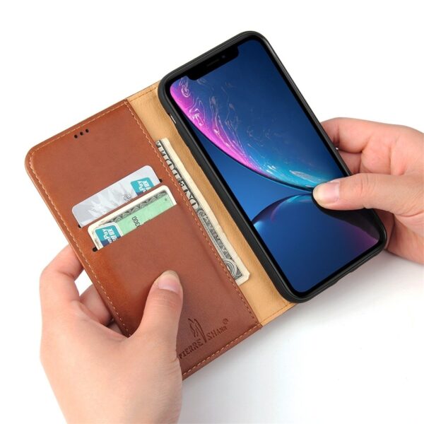 iPhone XR Θήκη Βιβλίο Καφέ Dermis Texture PU Horizontal Flip Leather Case Brown