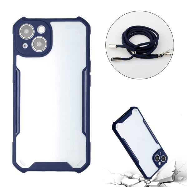 Θήκη iPhone 13 Μπλε με Λουράκι Acrylic + Color TPU Shockproof Case with Neck Lanyard Dark Blue