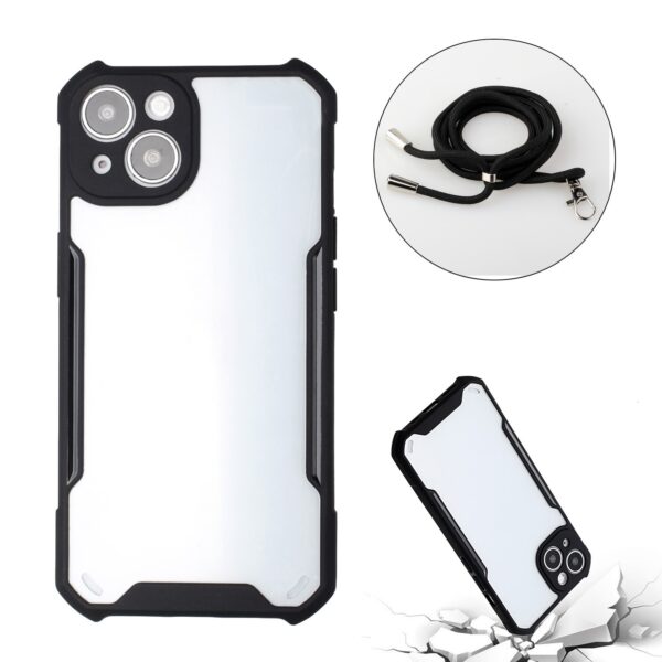 Θήκη iPhone 13 Μαύρη με Λουράκι Acrylic + Color TPU Shockproof Case with Neck Lanyard Black