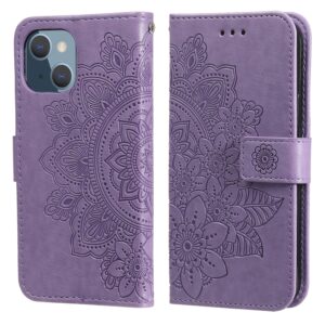 Θήκη iPhone 13 mini Βιβλίο Μωβ Λουλούδια 7-petal Flowers Embossing Pattern Horizontal Flip Case Purple
