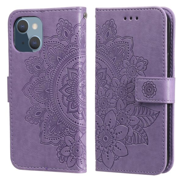 Θήκη iPhone 13 mini Βιβλίο Μωβ Λουλούδια 7-petal Flowers Embossing Pattern Horizontal Flip Case Purple