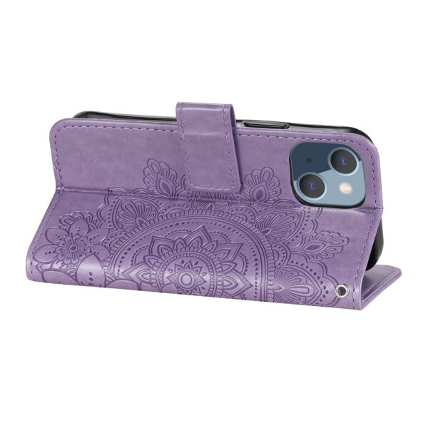Θήκη iPhone 13 mini Βιβλίο Μωβ Λουλούδια 7-petal Flowers Embossing Pattern Horizontal Flip Case Purple
