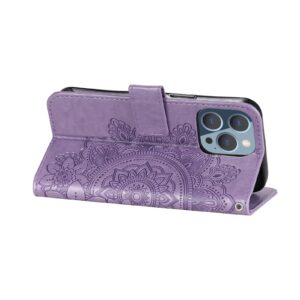 Θήκη iPhone 13 Pro Βιβλίο Μωβ Λουλούδια 7-petal Flowers Embossing Pattern Horizontal Flip Case Purple