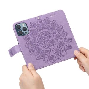 Θήκη iPhone 13 Pro Βιβλίο Μωβ Λουλούδια 7-petal Flowers Embossing Pattern Horizontal Flip Case Purple