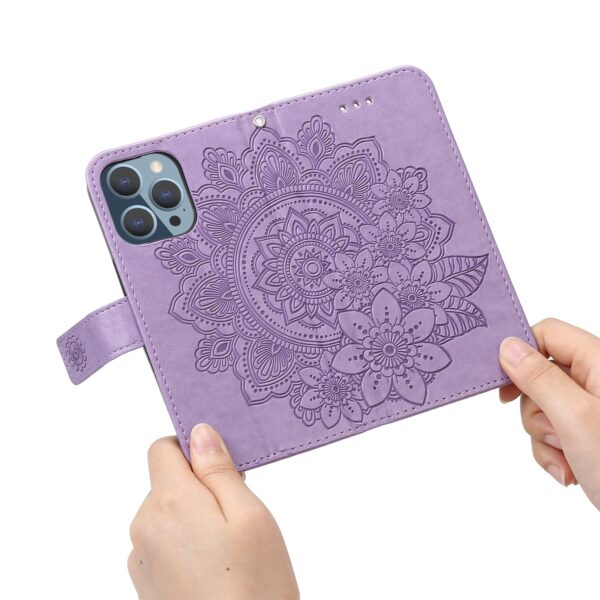 Θήκη iPhone 13 Pro Βιβλίο Μωβ Λουλούδια 7-petal Flowers Embossing Pattern Horizontal Flip Case Purple