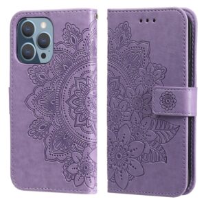 Θήκη iPhone 13 Pro Βιβλίο Μωβ Λουλούδια 7-petal Flowers Embossing Pattern Horizontal Flip Case Purple