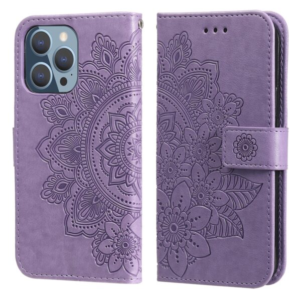 Θήκη iPhone 13 Pro Βιβλίο Μωβ Λουλούδια 7-petal Flowers Embossing Pattern Horizontal Flip Case Purple