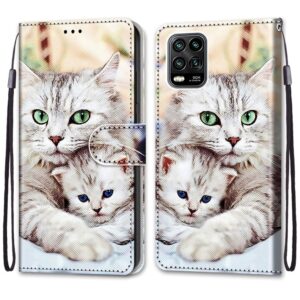 Θήκη Xiaomi Mi 10 Lite 5G Βιβλίο Coloured Drawing Cross Texture Horizontal Flip Case Big Cat Holding Kitten
