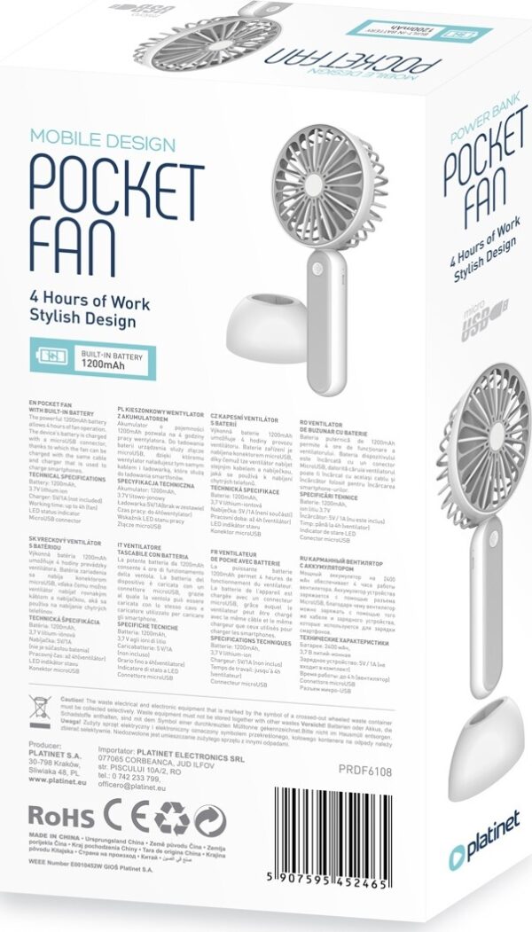 Platinet Rechargeable Desk Fan 1200 mah White/Grey PRDF6108