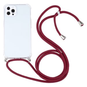 iPhone 13 Pro Θήκη με Λουράκι Four-corner Shockproof Transparent TPU Protective Case with Lanyard Wine - Red