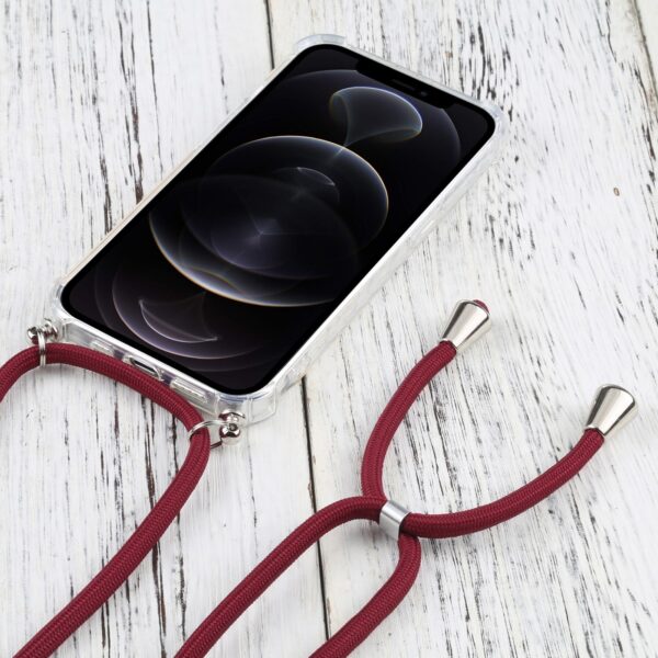 iPhone 13 Pro Θήκη με Λουράκι Four-corner Shockproof Transparent TPU Protective Case with Lanyard Wine - Red