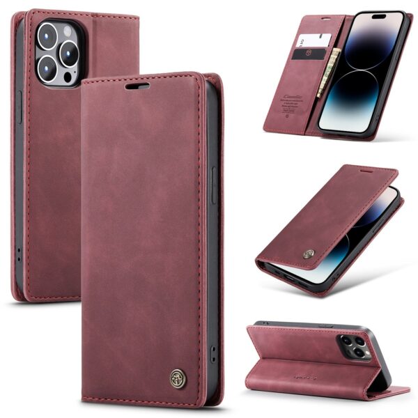 iPhone 14 Pro Θήκη Βιβλίο Μπορντό CaseMe-013 Multifunctional Retro Frosted Phone Case Wine Red