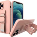 iPhone 13 Pro Max Θήκη Σιλικόνης Ροζ - Χρυσή Rope Case Gel TPU Airbag Case Cover with Lanyard Rose - Gold