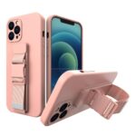 iPhone 13 Θήκη Σιλικόνης Ροζ - Χρυσή Rope Case Gel TPU Airbag Case Cover with Lanyard Rose - Gold