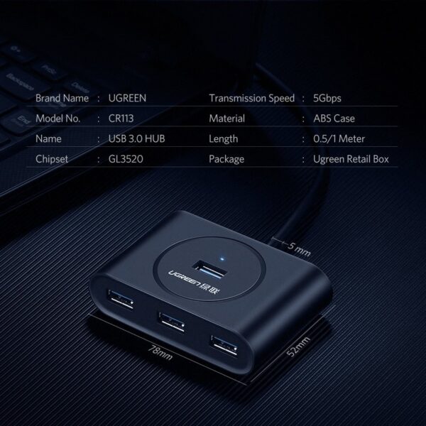 Ugreen USB 3.0 Hub 4 Θυρών με σύνδεση USB-A με καλώδιο 0.5m (20290)