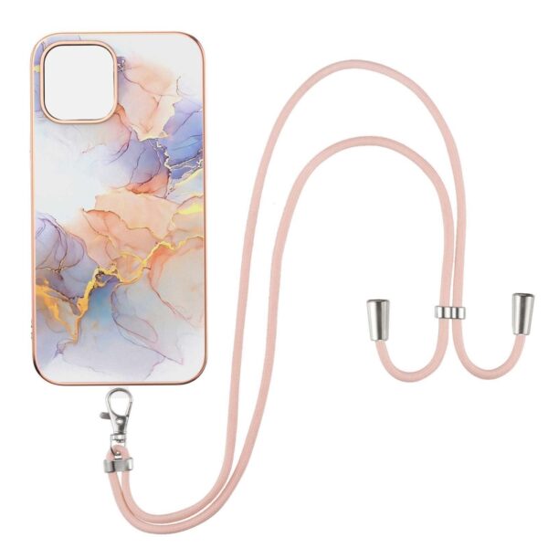 iPhone 13 Θήκη Σιλικόνης Με Λουράκι Electroplating Pattern IMD TPU Shockproof Case with Neck Lanyard Milky Way White Marble