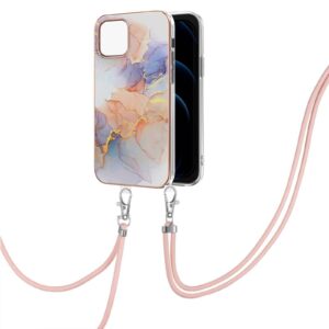 iPhone 13 Θήκη Σιλικόνης Με Λουράκι Electroplating Pattern IMD TPU Shockproof Case with Neck Lanyard Milky Way White Marble