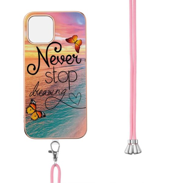 iPhone 13 Θήκη Σιλικόνης Με Λουράκι Electroplating Pattern IMD TPU Shockproof Case with Neck Lanyard Dream Chasing Butterfly