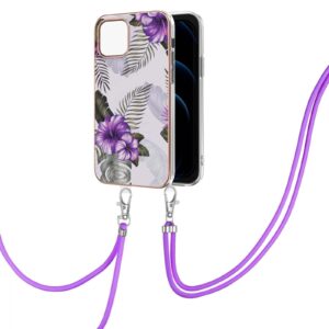 iPhone 13 Pro Max Θήκη Σιλικόνης Με Λουράκι Electroplating Pattern IMD TPU Shockproof Case Purple Flower
