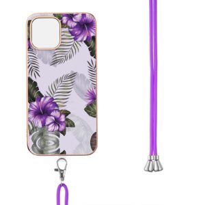 iPhone 13 Pro Max Θήκη Σιλικόνης Με Λουράκι Electroplating Pattern IMD TPU Shockproof Case Purple Flower