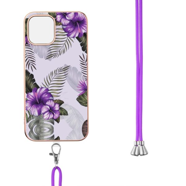 iPhone 13 Pro Max Θήκη Σιλικόνης Με Λουράκι Electroplating Pattern IMD TPU Shockproof Case Purple Flower