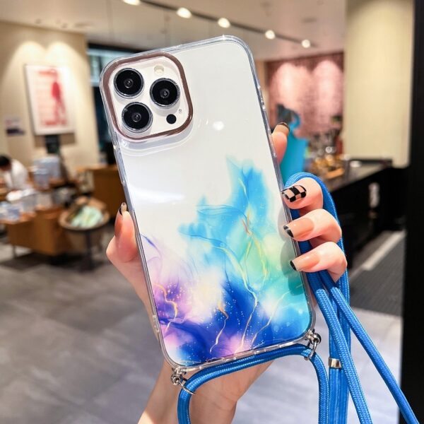 iPhone 13 Pro Max Θήκη Σιλικόνης Με Λουράκι Gold Halo Marble Pattern Lanyard Phone Case Blue