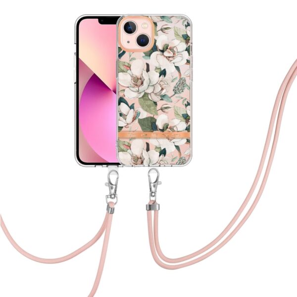 iPhone 13 Θήκη Σιλικόνης Με Λουράκι Flowers Series TPU Phone Case with Lanyard Green Gardenia