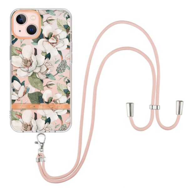 iPhone 13 Θήκη Σιλικόνης Με Λουράκι Flowers Series TPU Phone Case with Lanyard Green Gardenia