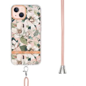 iPhone 13 Θήκη Σιλικόνης Με Λουράκι Flowers Series TPU Phone Case with Lanyard Green Gardenia