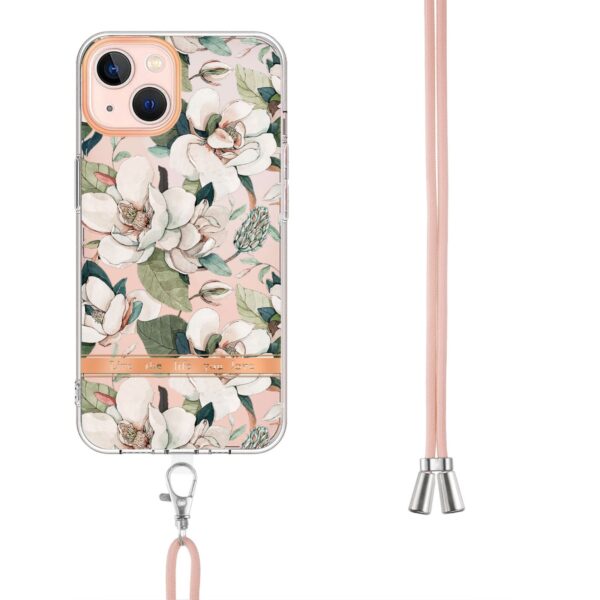 iPhone 13 Θήκη Σιλικόνης Με Λουράκι Flowers Series TPU Phone Case with Lanyard Green Gardenia
