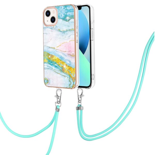 iPhone 13 Θήκη Σιλικόνης Με Λουράκι Electroplating Marble Pattern IMD TPU Shockproof Case with Neck Lanyard Green 004