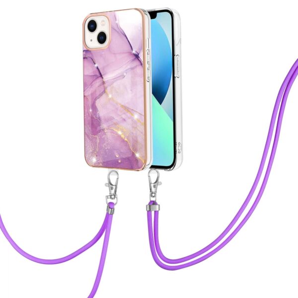 iPhone 14 Θήκη Σιλικόνης Με Λουράκι Electroplating Marble Pattern IMD TPU Shockproof Case with Neck Lanyard Light Purple 001