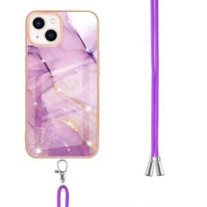 iPhone 14 Θήκη Σιλικόνης Με Λουράκι Electroplating Marble Pattern IMD TPU Shockproof Case with Neck Lanyard Light Purple 001