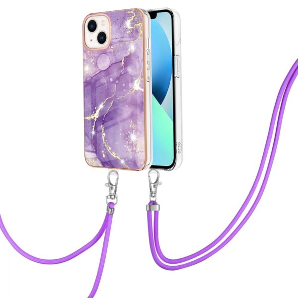 iPhone 14 Θήκη Σιλικόνης Με Λουράκι Electroplating Marble Pattern IMD TPU Shockproof Case with Neck Lanyard Purple 002