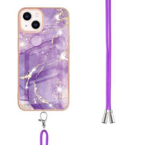 iPhone 14 Θήκη Σιλικόνης Με Λουράκι Electroplating Marble Pattern IMD TPU Shockproof Case with Neck Lanyard Purple 002