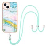iPhone 14 Θήκη Σιλικόνης Με Λουράκι Electroplating Marble Pattern IMD TPU Shockproof Case with Neck Lanyard Green 004