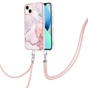 iPhone 14 Θήκη Σιλικόνης Με Λουράκι Electroplating Marble Pattern IMD TPU Shockproof Case with Neck Lanyard Rose Gold 005