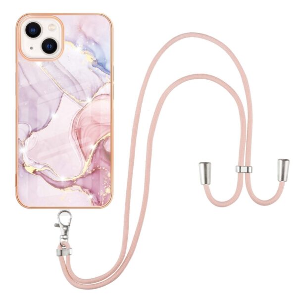 iPhone 14 Θήκη Σιλικόνης Με Λουράκι Electroplating Marble Pattern IMD TPU Shockproof Case with Neck Lanyard Rose Gold 005