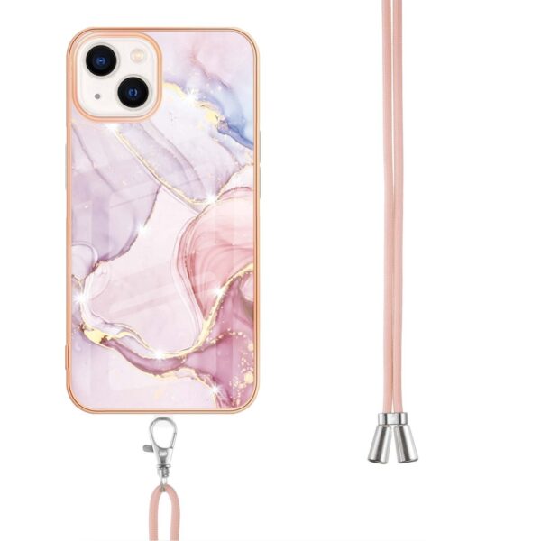 iPhone 14 Θήκη Σιλικόνης Με Λουράκι Electroplating Marble Pattern IMD TPU Shockproof Case with Neck Lanyard Rose Gold 005
