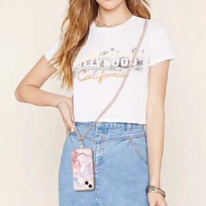 iPhone 14 Θήκη Σιλικόνης Με Λουράκι Electroplating Marble Pattern IMD TPU Shockproof Case with Neck Lanyard Rose Gold 005