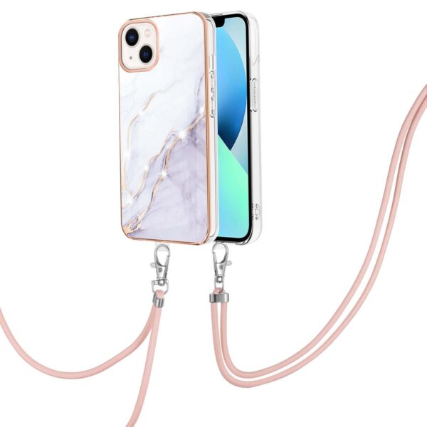 iPhone 14 Θήκη Σιλικόνης Με Λουράκι Electroplating Marble Pattern IMD TPU Shockproof Case with Neck Lanyard White 006