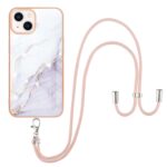 iPhone 14 Θήκη Σιλικόνης Με Λουράκι Electroplating Marble Pattern IMD TPU Shockproof Case with Neck Lanyard White 006