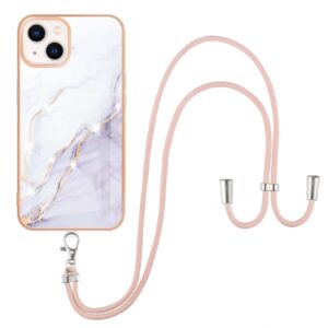 iPhone 14 Θήκη Σιλικόνης Με Λουράκι Electroplating Marble Pattern IMD TPU Shockproof Case with Neck Lanyard White 006